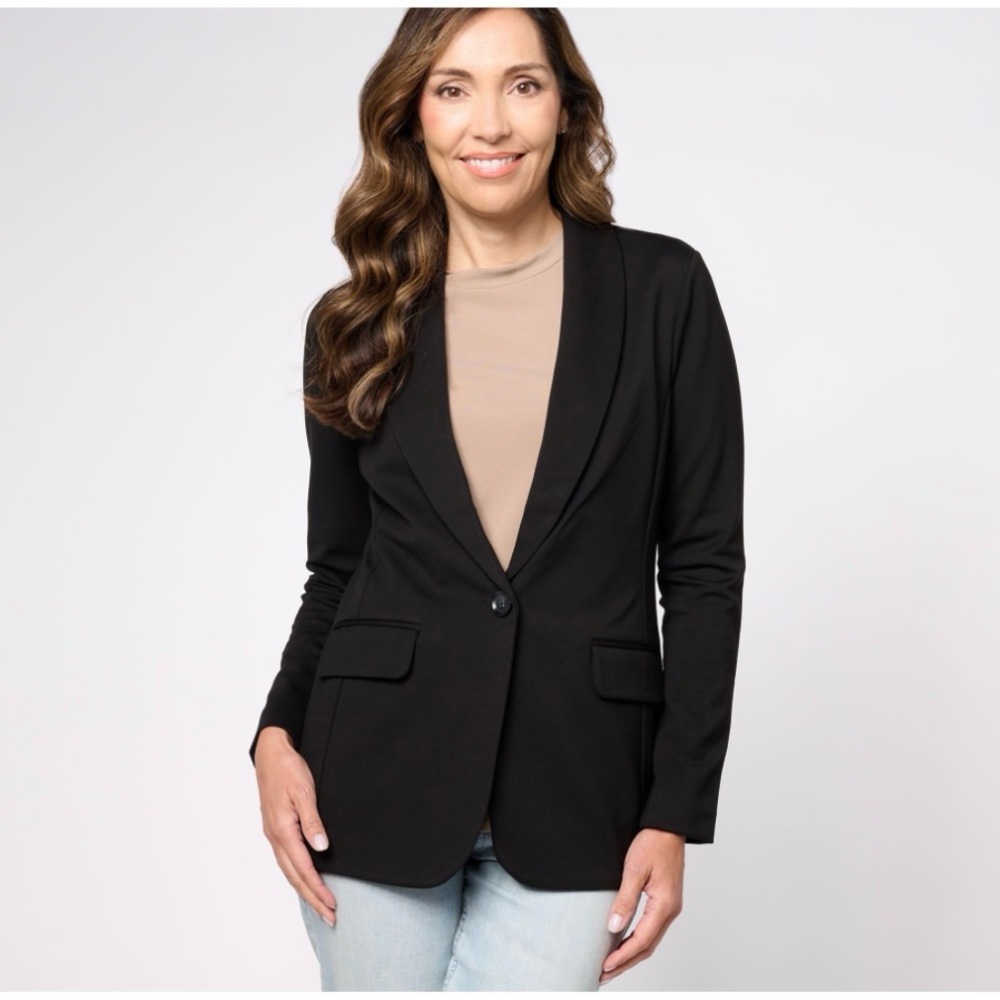 NWT Susan Graver Smart Ponte Knit Blazer Black Size L One Button